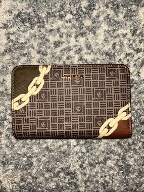 Anne Klein Brown Chain-Print small Zip Wallet
